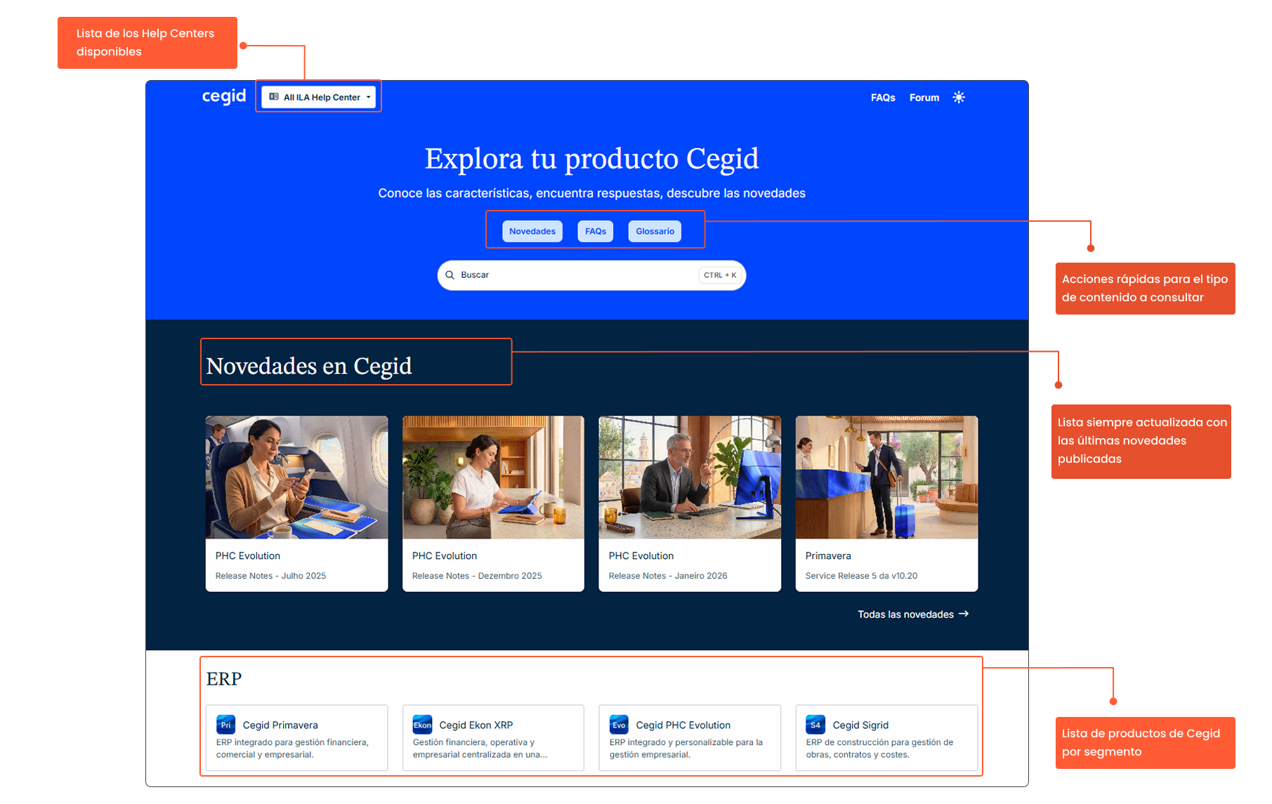 Cegid product exploration page showcasing updates, help centers, and ERP solutions.